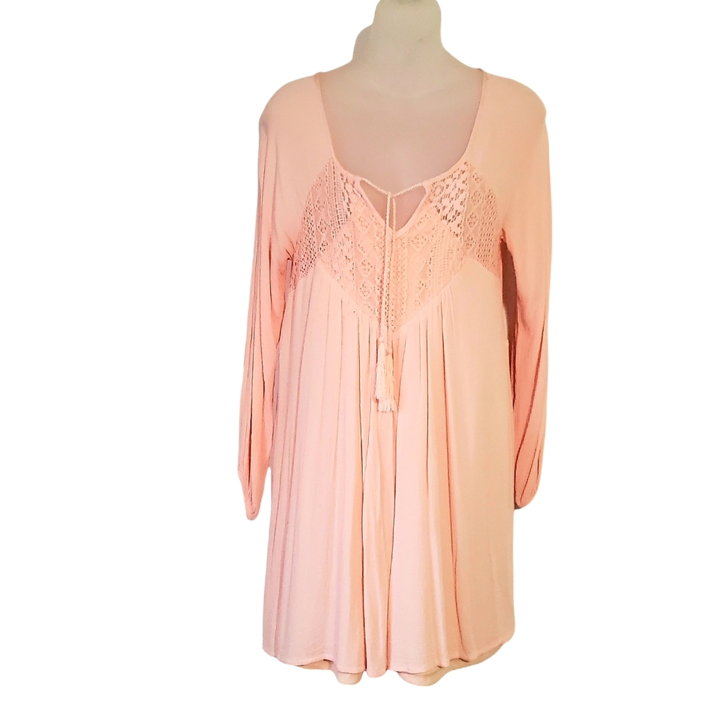 PURPLE SNOW Pink Eyelet Lace & Crinkle Semi Sheer Long Pullover Top Medium